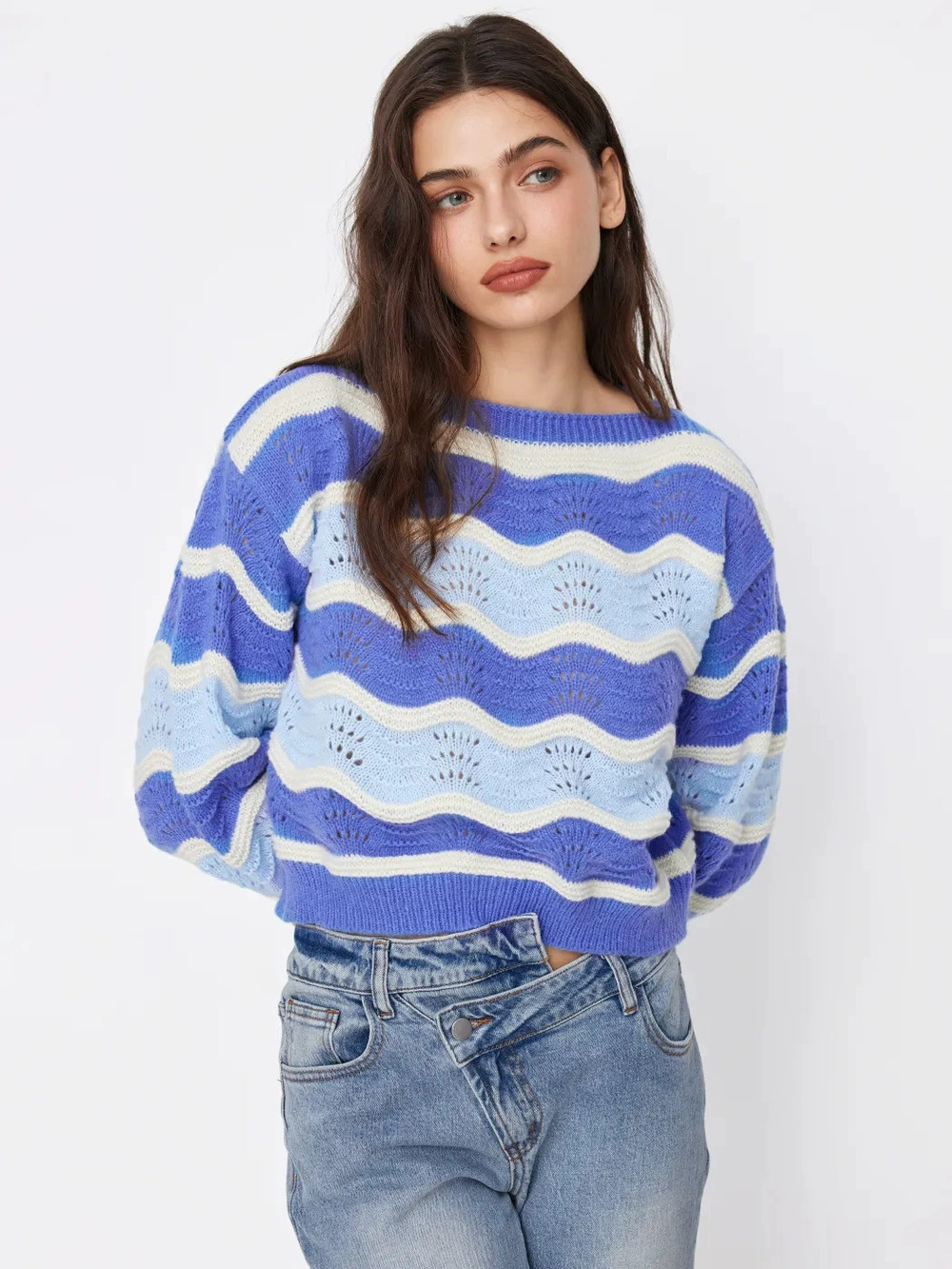 Zara Fall Winter Crew Neck Drop Shoulder Lantern Sleeve Crop Cutout Knit Sweater